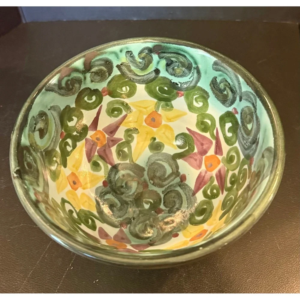 Studio Art Pottery Decorative Bowl Teal Hand Painted Floral Signed Cottage